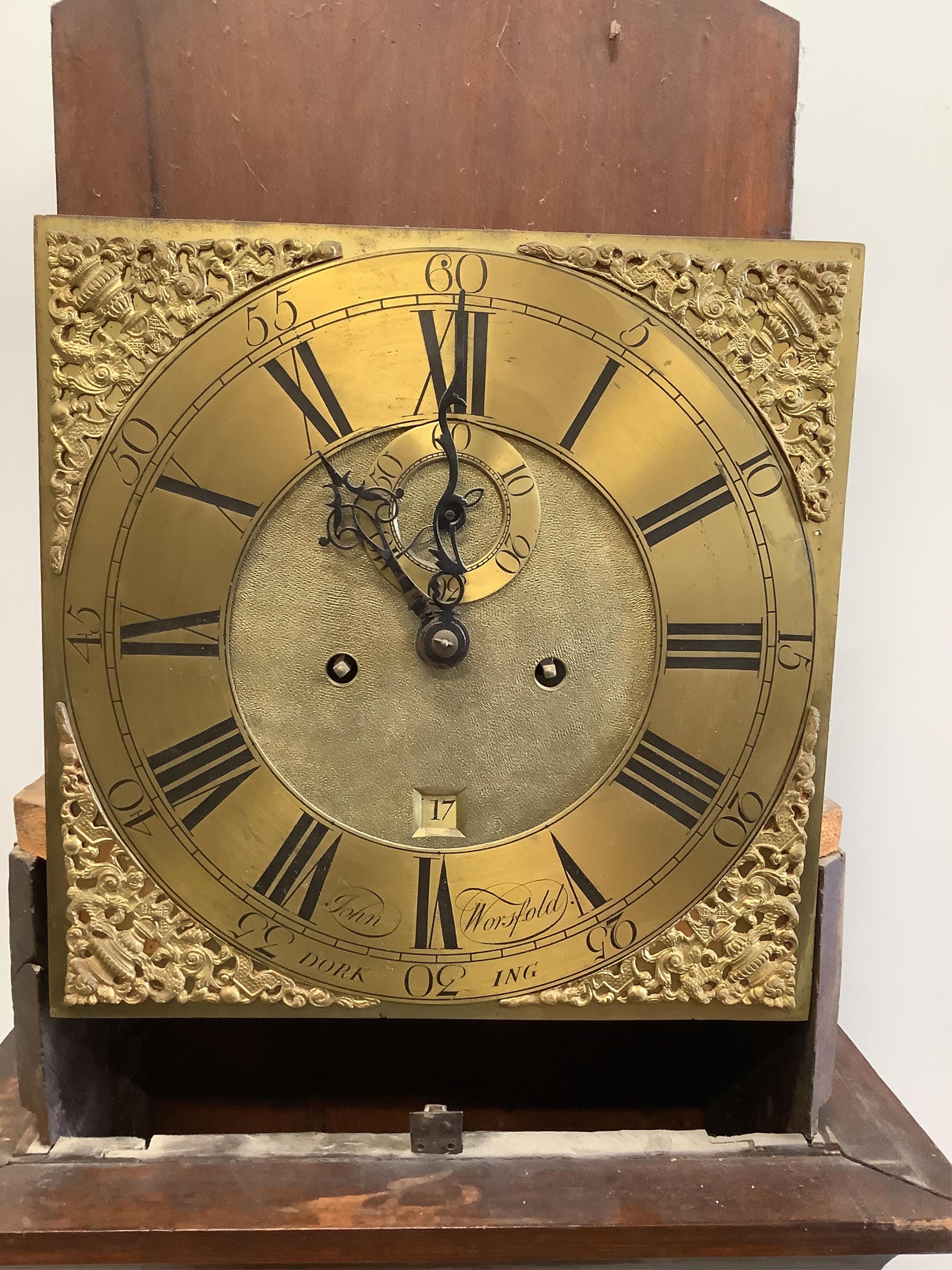 A George III style mahogany eight day longcase clock, marked John Worsfold, Dorking, height 199cm. Condition - fair